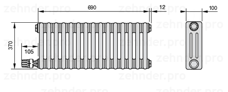 Схема (чертеж) Радиатор Zehnder Charleston 3037/15 №V004 Белый глянцевый RAL 9016